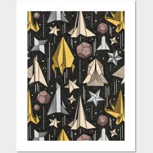 Reaching for the stars // pattern // black background ivory grey brown and yellow origami paper asteroids stars and space ships traveling light speed Posters and Art